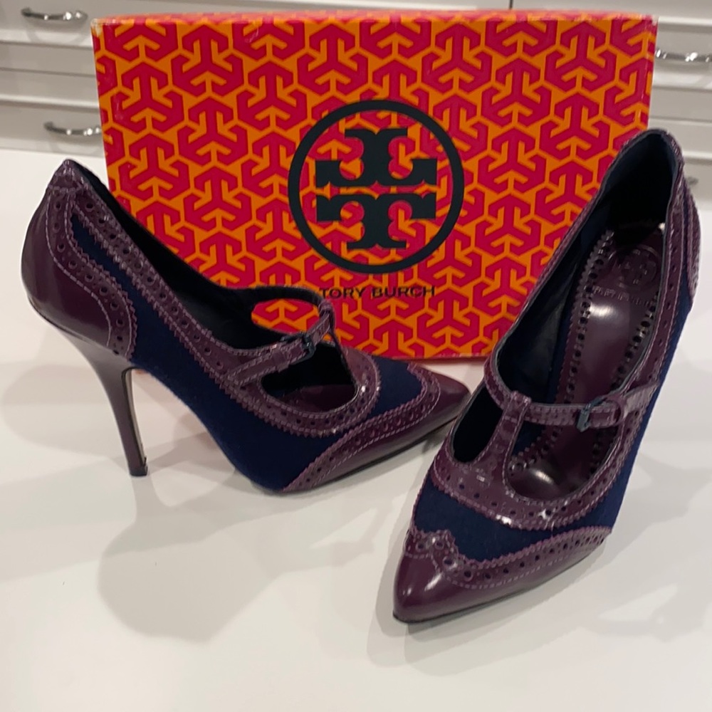 Tory Burch | Everly Wingtip Navy with Purple Leather Pumps Sz 7.5